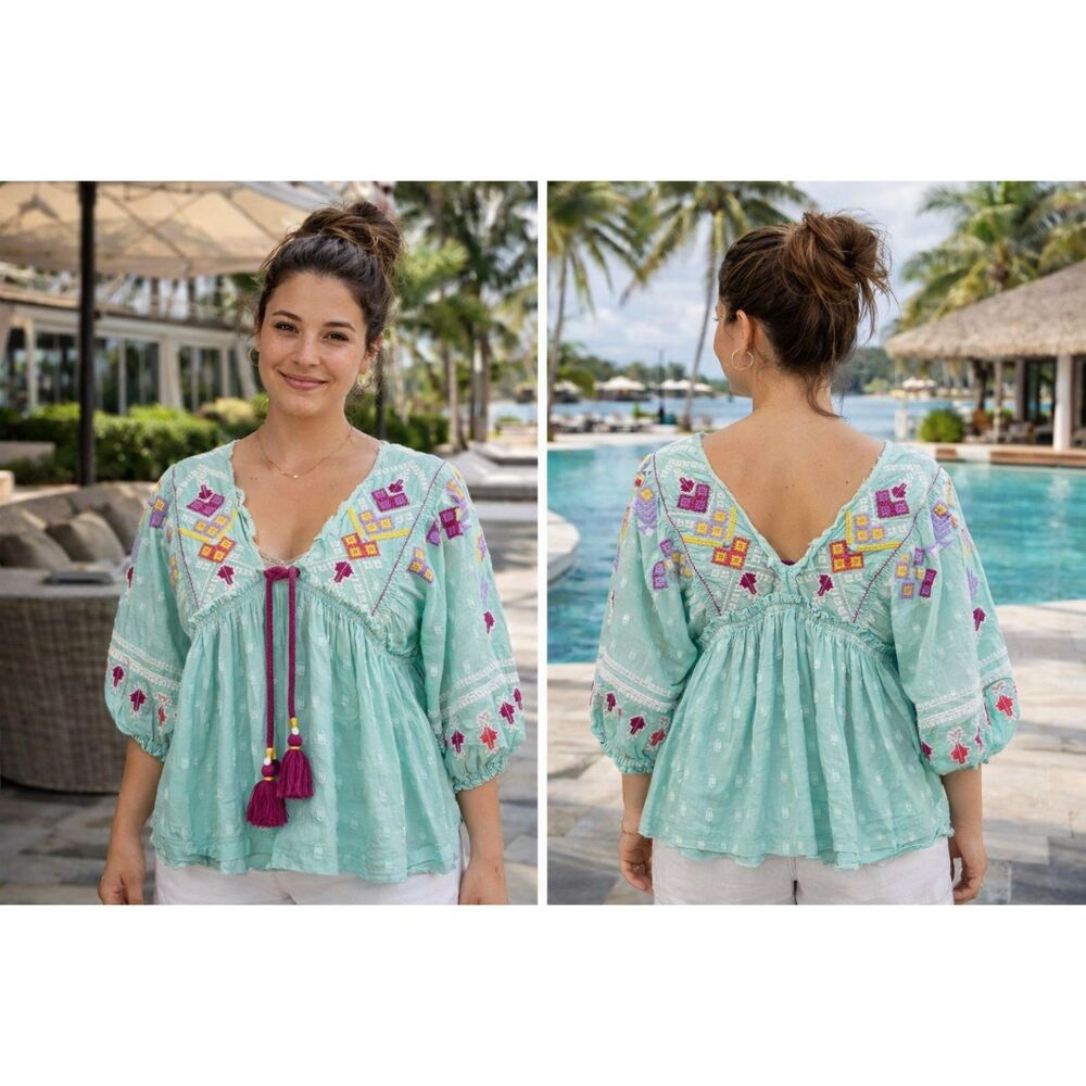Kimchi Blue Paradise Garden Embroidered Peasant Boho Beachy Flowy Blouse Size M